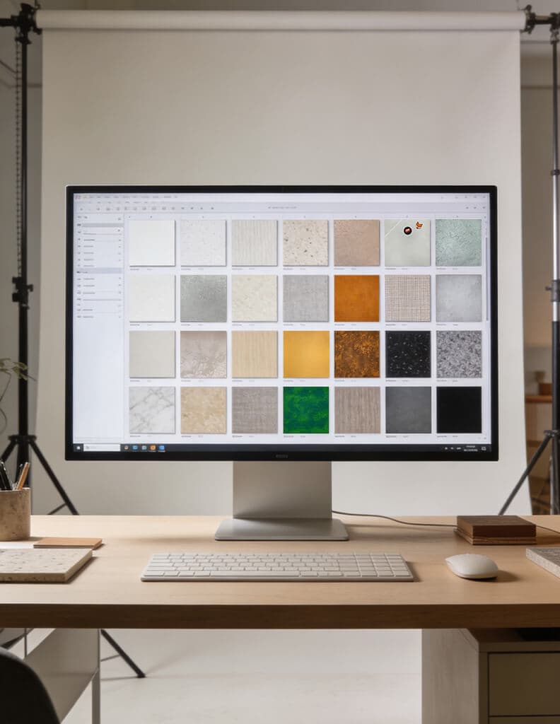 Fox Dekorator digital texture and colour library open on a design studio monitor