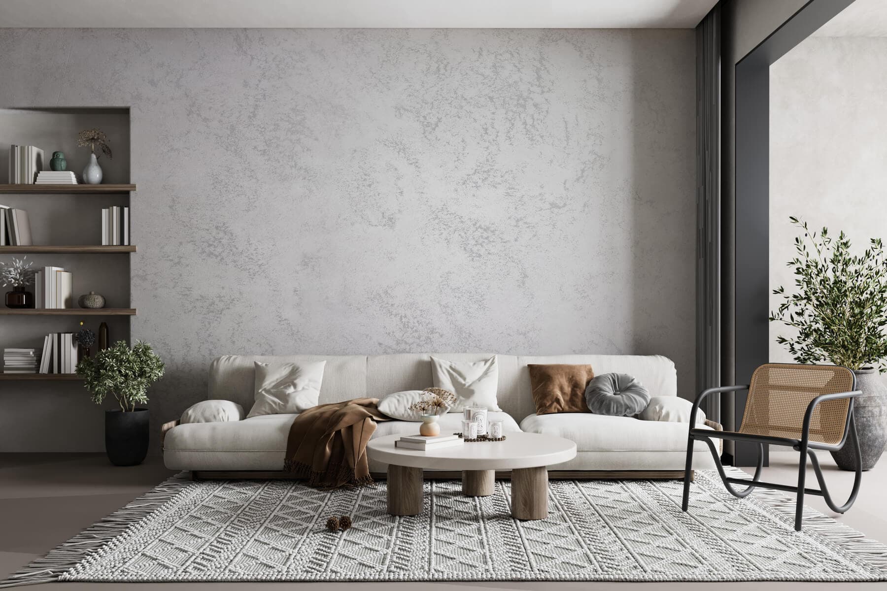 Living elegant cu perete finisat cu efectul decorativ Kalahari în nuanțe de albastru lapis